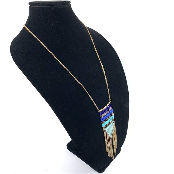 Southwest Inspired Beaded Tassel Bib Necklace Multi Tone Blue/Gold 17" Drop - Picture 3 of 5